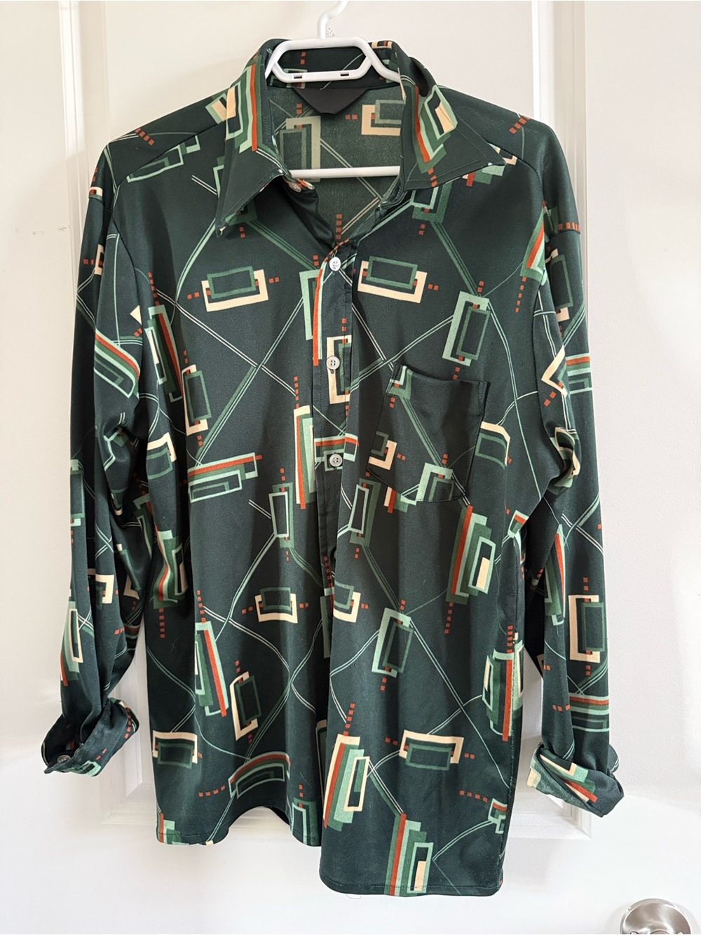 Men's Dark Green Geometric Long-Sleeve Shirt